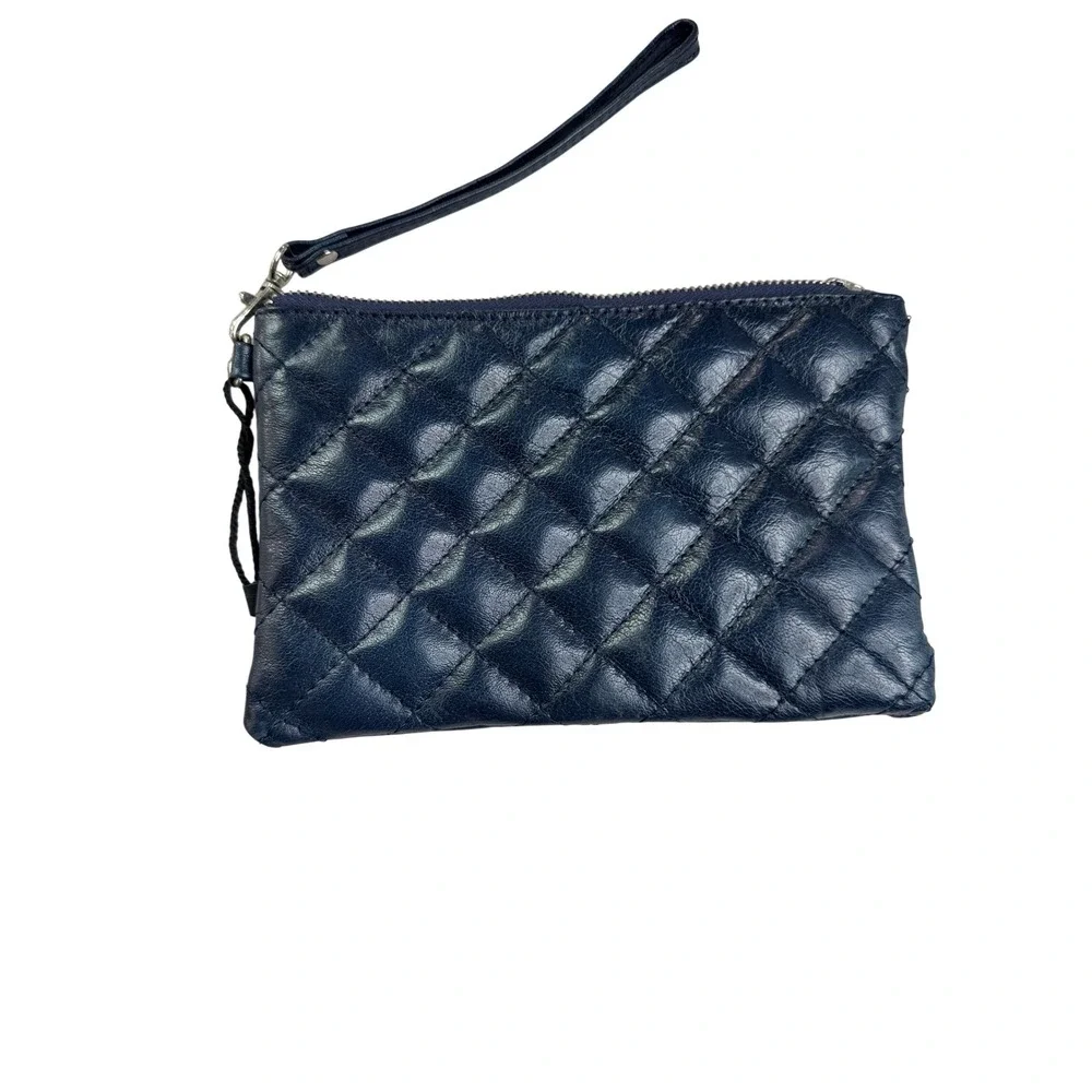 Serra Navy Blue Quilted Leather Wristlet Zip Clutch Bag
